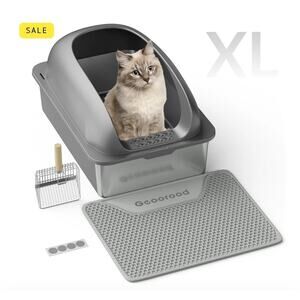 New Stainless Steel Cat Litter Box Enclosed XL Covered Metal Pan Lid Scoop